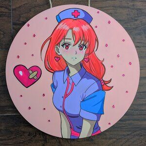 Hello Nurse! Original Anime Nurse Painting Wooden Canvas Neon Black Light